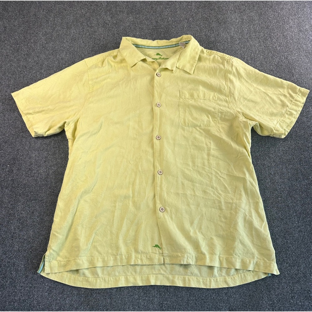 Tommy Bahama Mens XL Yellow 100% Silk Short Sleeve Palm Jacquard Camp Shirt